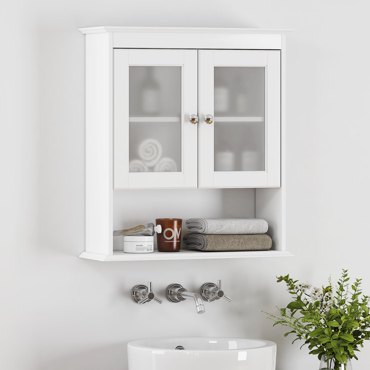 White Bathroom Wall Cabinet with Glass Doors B34372