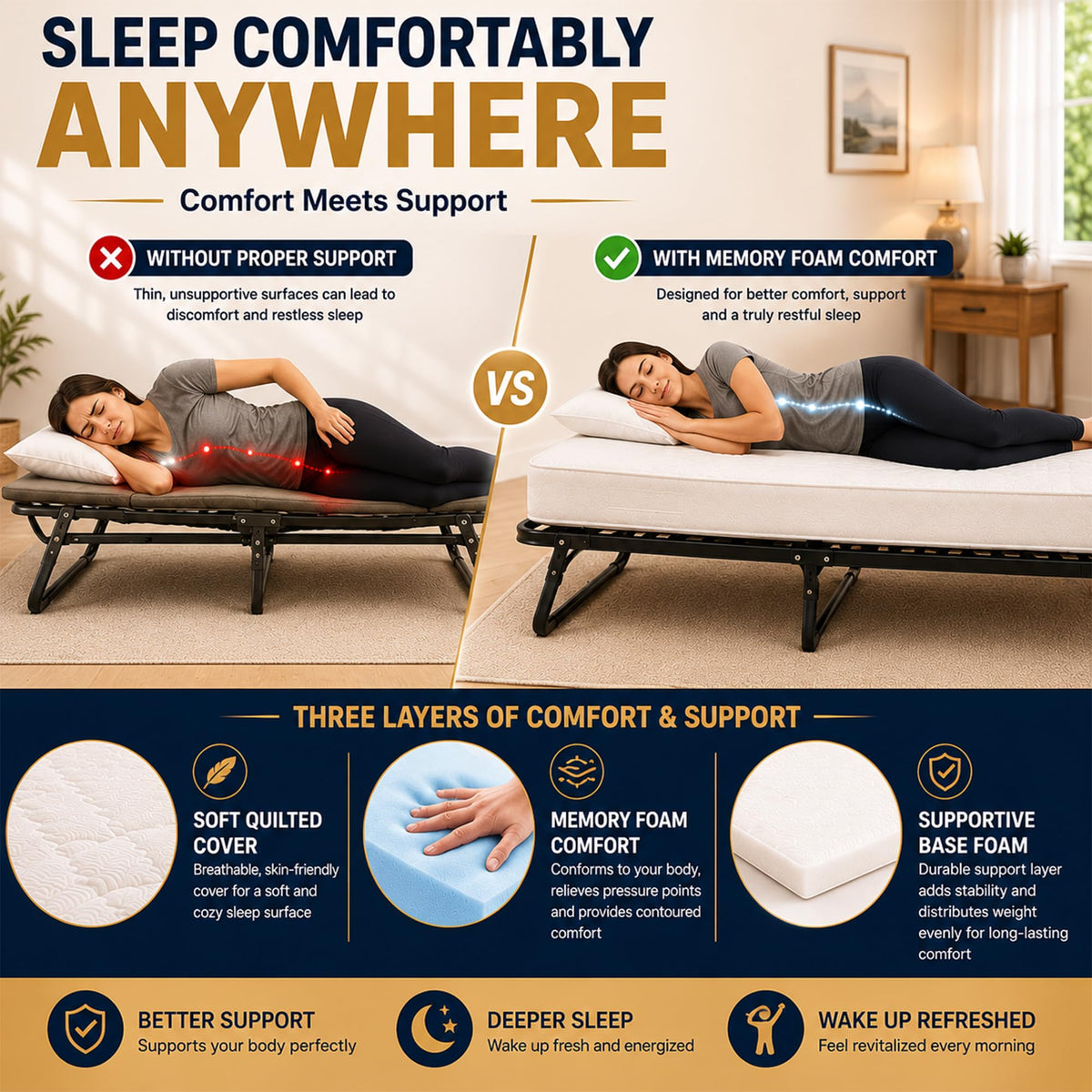 14″ High Folding Guest Bed with 3″ Memory Foam Mattress Y963