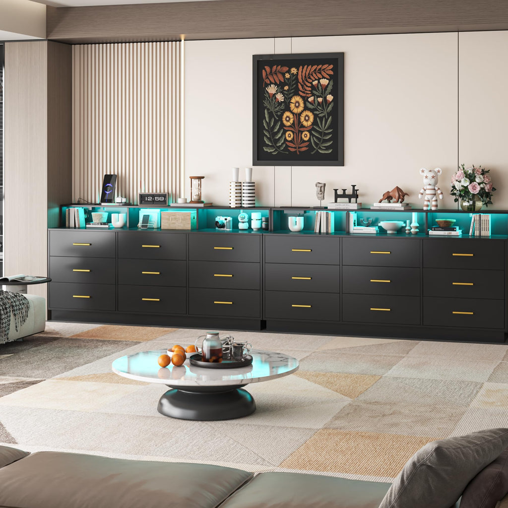 Black 9 Drawer Wood Dresser with LED Light and Power Outlet A605247