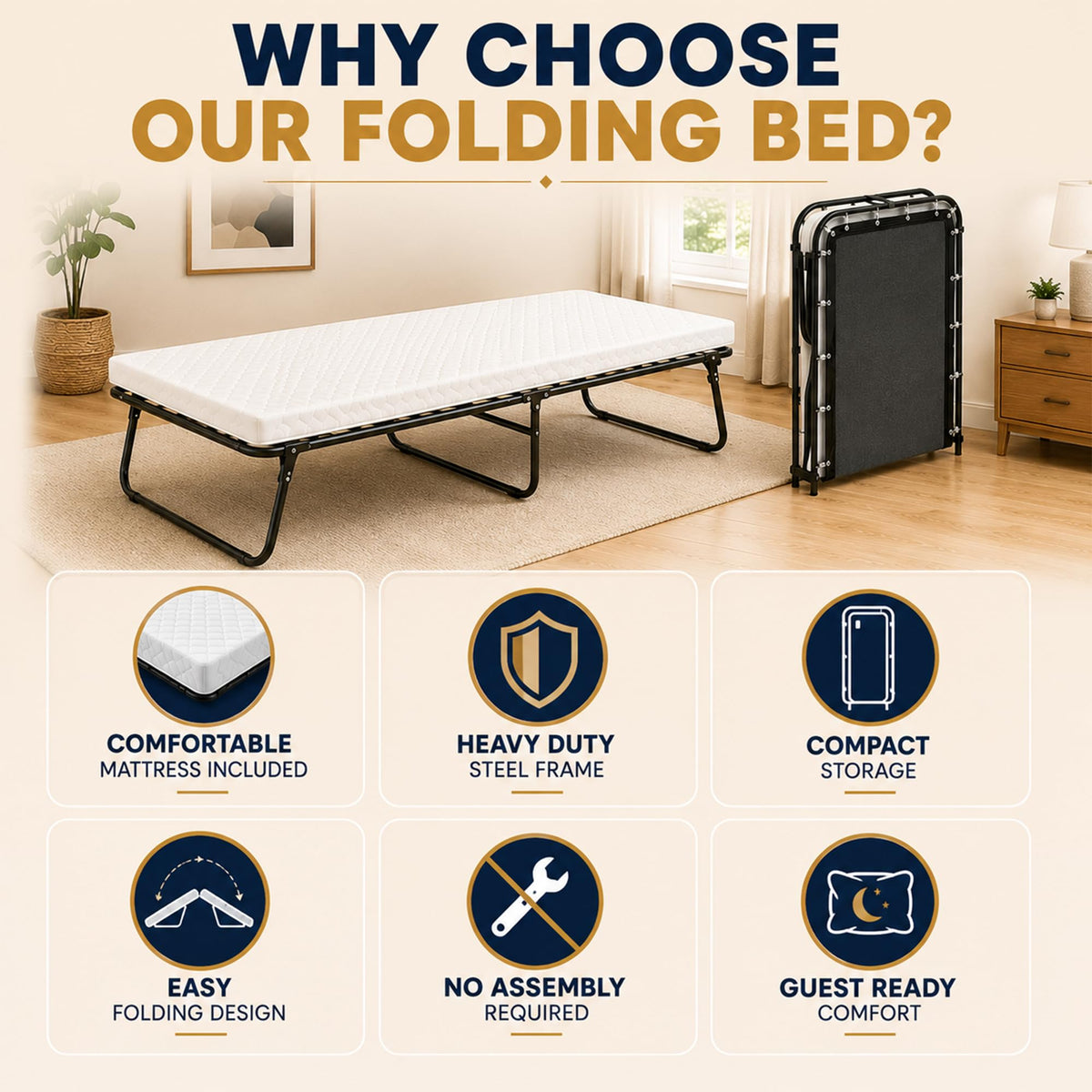 14″ High Folding Guest Bed with 3″ Memory Foam Mattress Y963