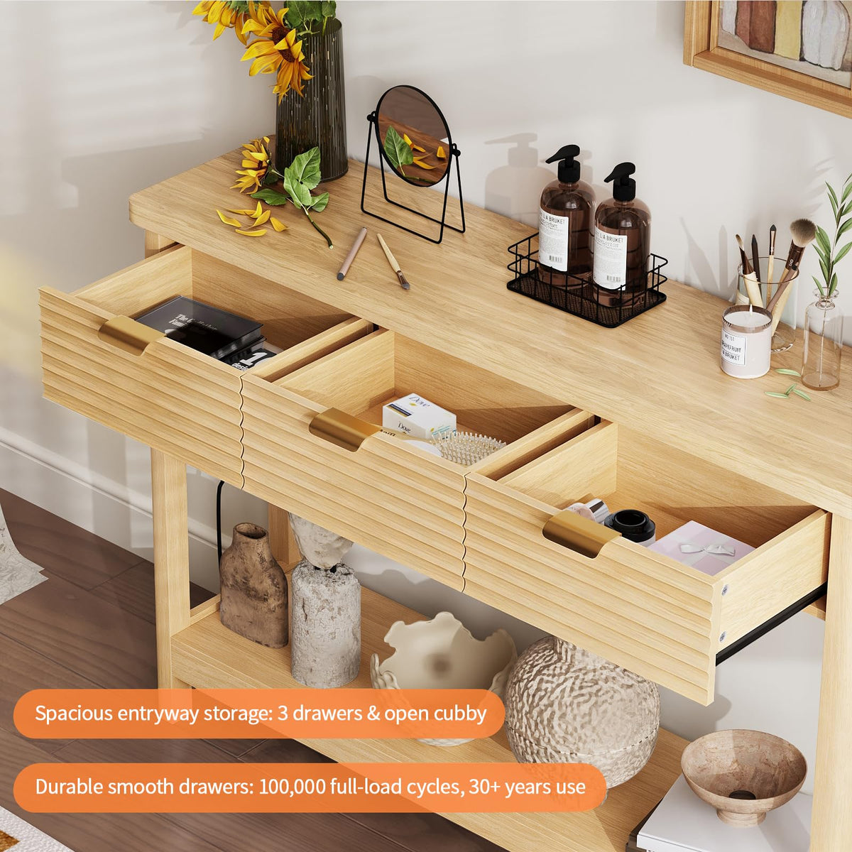 47.2" Narrow Console Table with 3 Drawers & Charging Station, Oak U476166