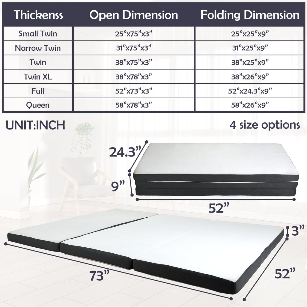Memory Foam Folding Mattress Full 3 Inch Trifold with Washable Cover P110