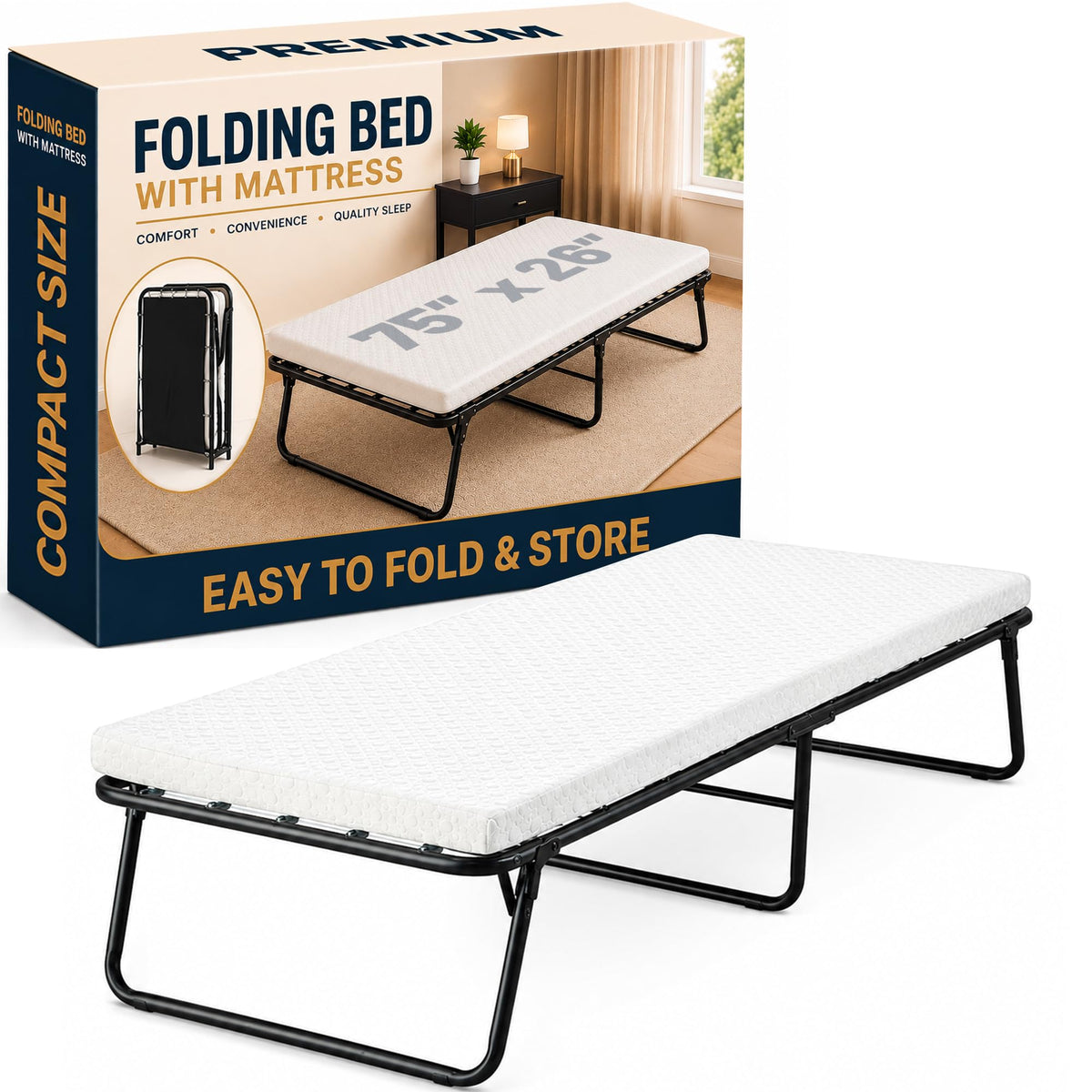 14″ High Folding Guest Bed with 3″ Memory Foam Mattress Y963