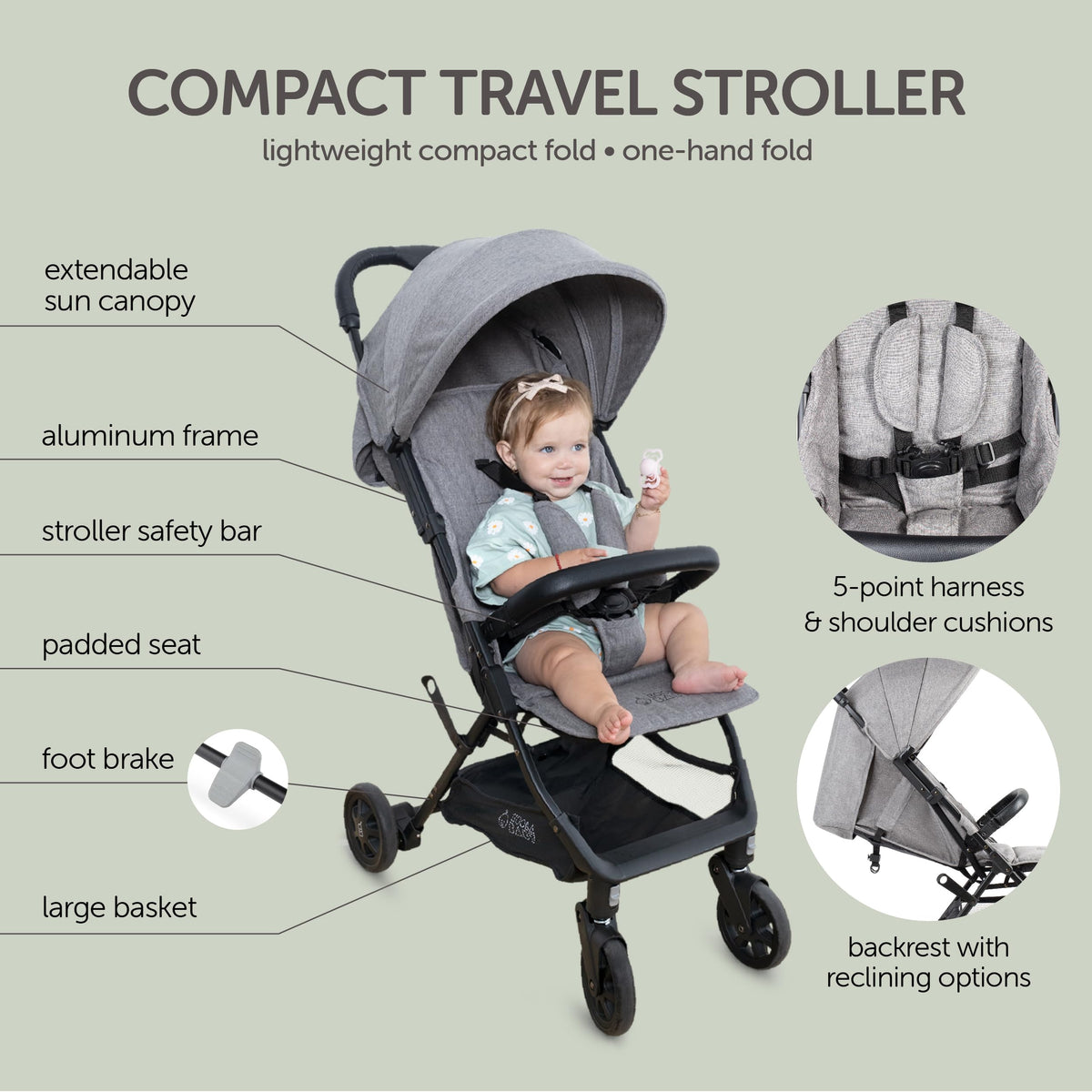 Lightweight Compact Travel Stroller with Canopy, Storage Basket & Recline N542924