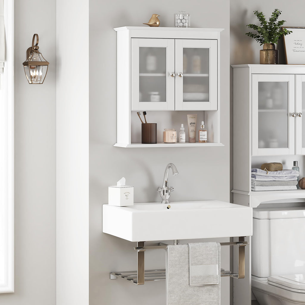 White Bathroom Wall Cabinet with Glass Doors B34372