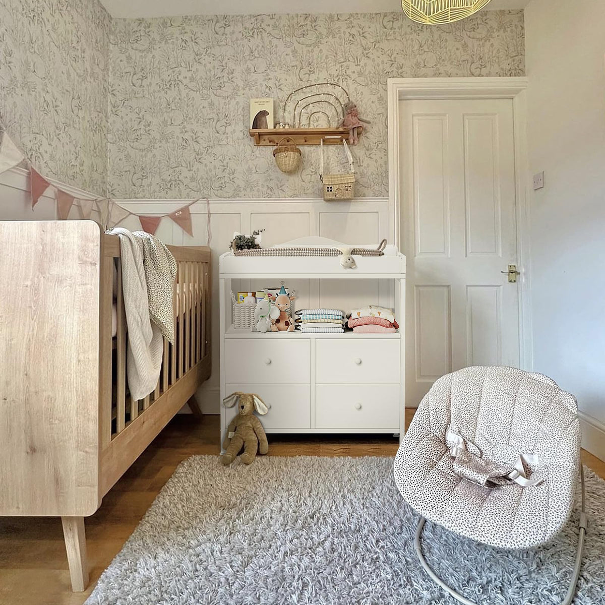 White Changing Table Dresser with 4 Fabric Drawers and Open Shelf L44409