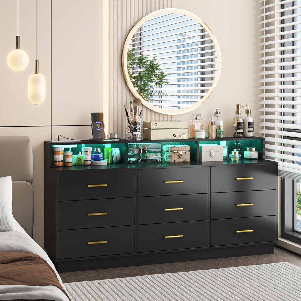 Black 9 Drawer Wood Dresser with LED Light and Power Outlet A605247
