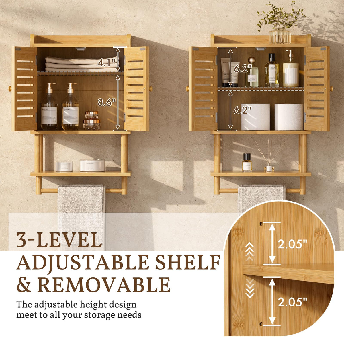 Bamboo Over The Toilet Storage Cabinet with Towel Bar H311