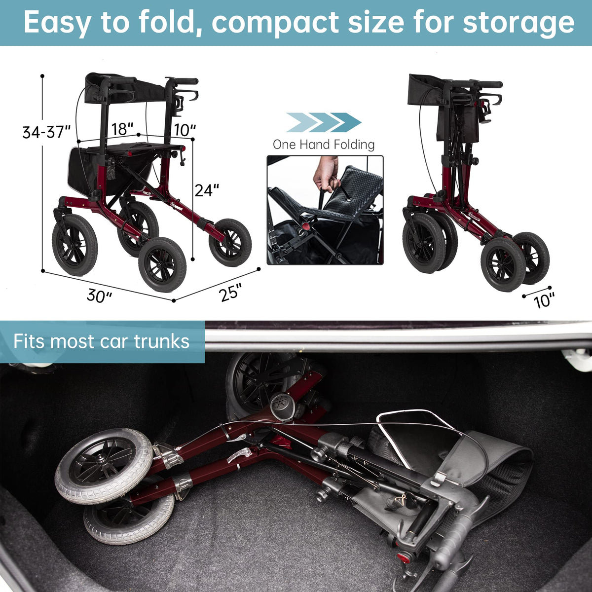 All-Terrain Rollator Walker with 12” Front Wheels, Compact Folding, Red F999