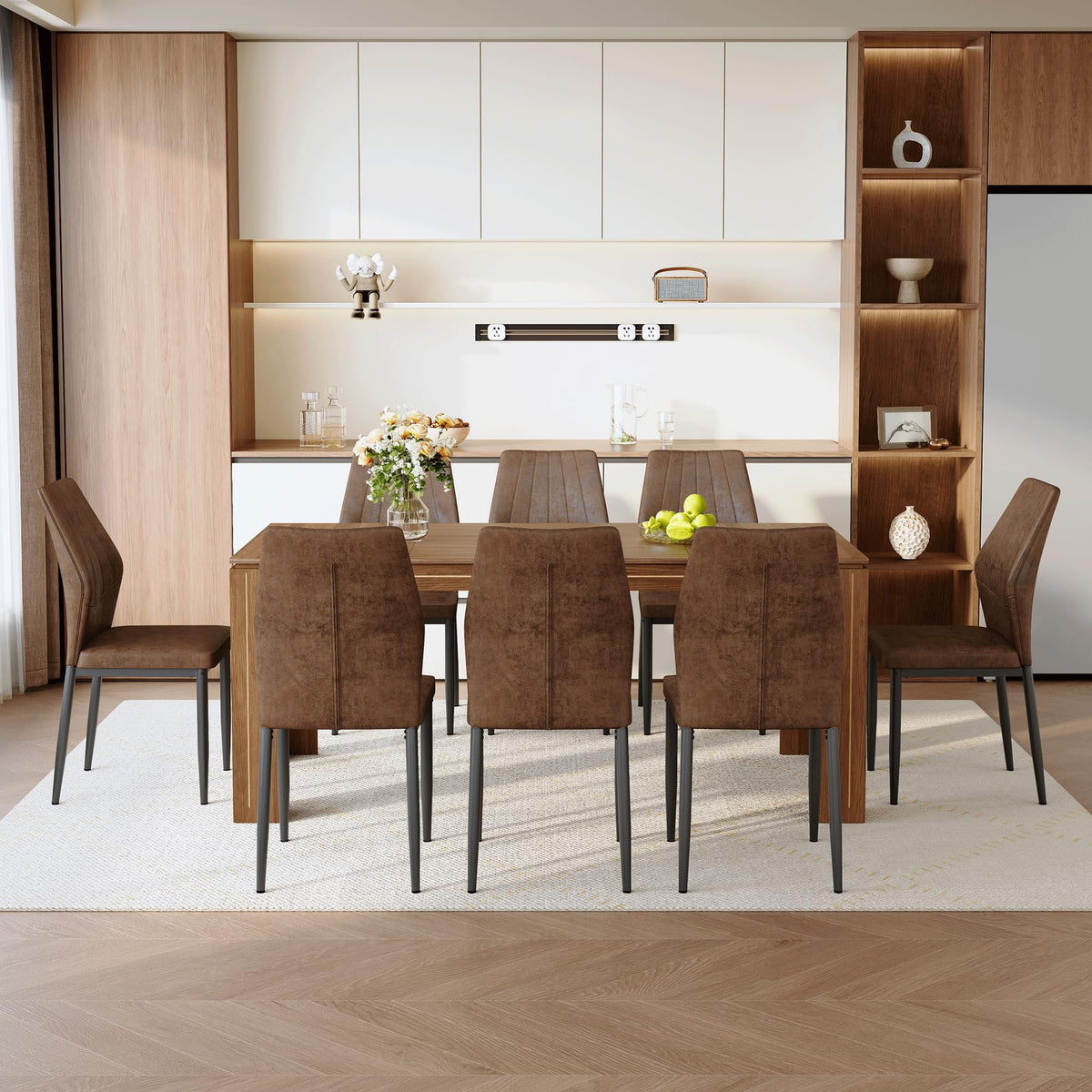 Walnut Dining Table Set with 8 Brown Fabric Chairs V228