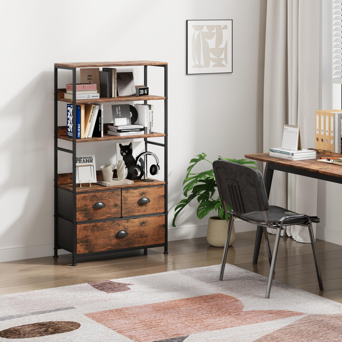 47-Inch 6 Tier Wood and Metal Bookshelf with 3 Fabric Drawers Y147427