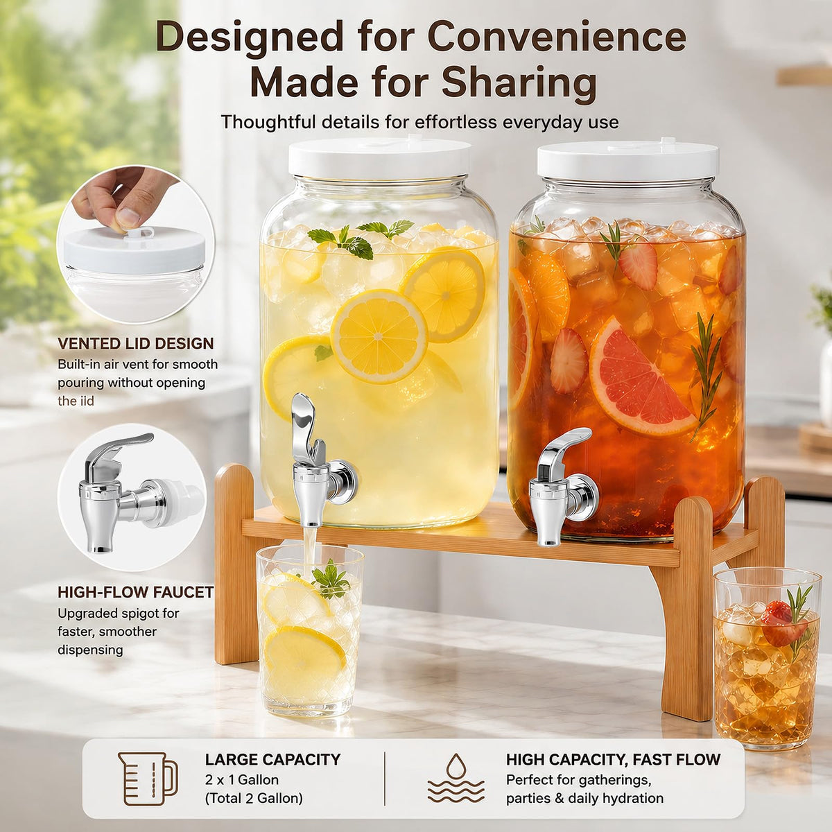 1 Gallon Glass Drink Dispensers with Spigot (2 Pack) D707