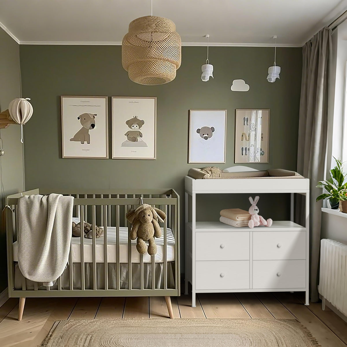 White Changing Table Dresser with 4 Fabric Drawers and Open Shelf L44409