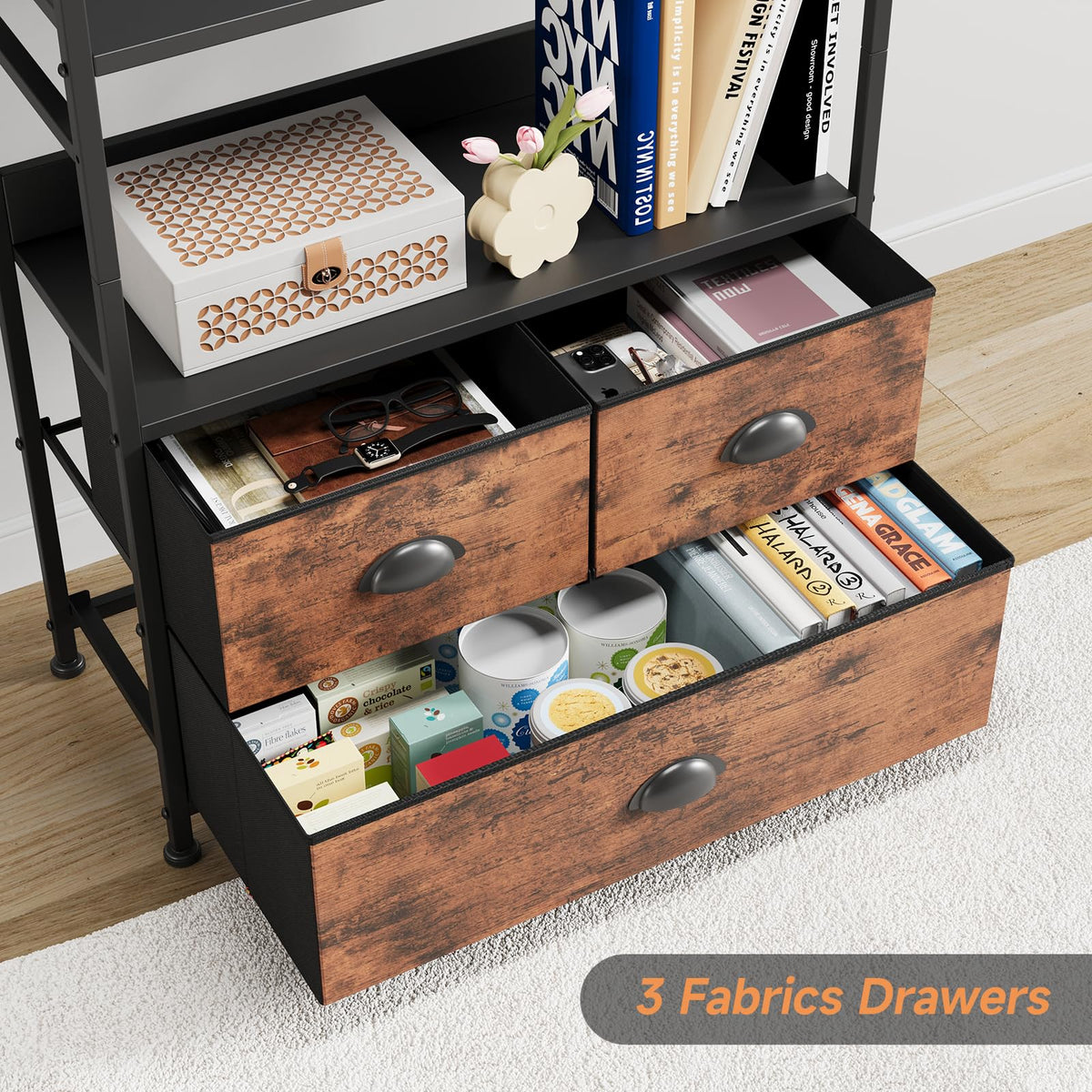 47-Inch 6 Tier Wood and Metal Bookshelf with 3 Fabric Drawers Y147427