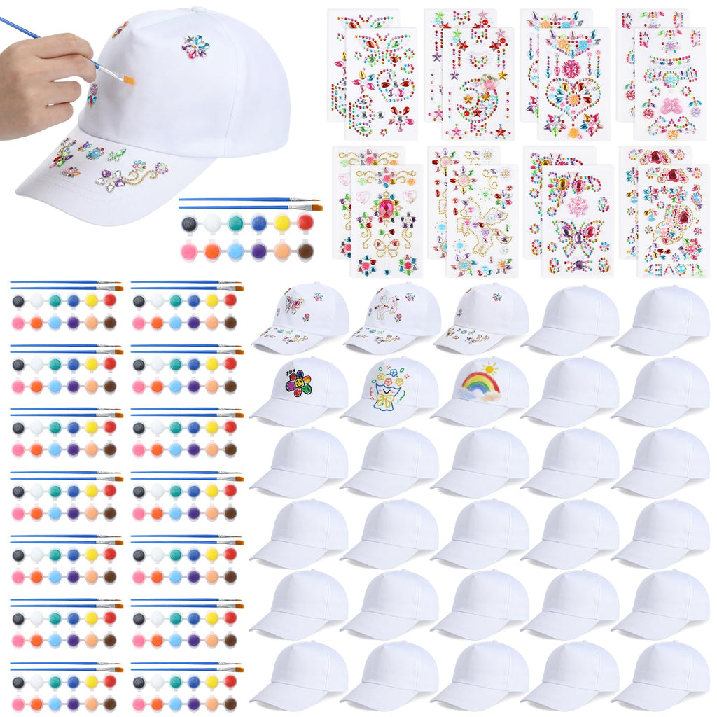 30 Pcs White Blank Adjustable Baseball Caps with Acrylic Paint Brushes T43392