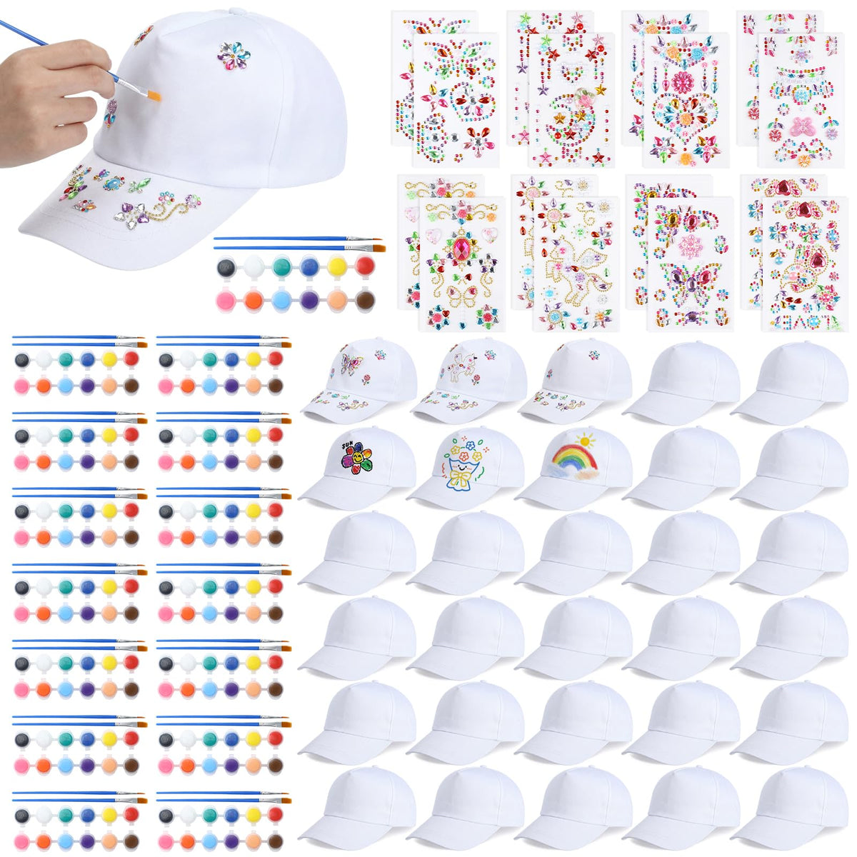 30 Pcs White Blank Adjustable Baseball Caps with Acrylic Paint Brushes T43392