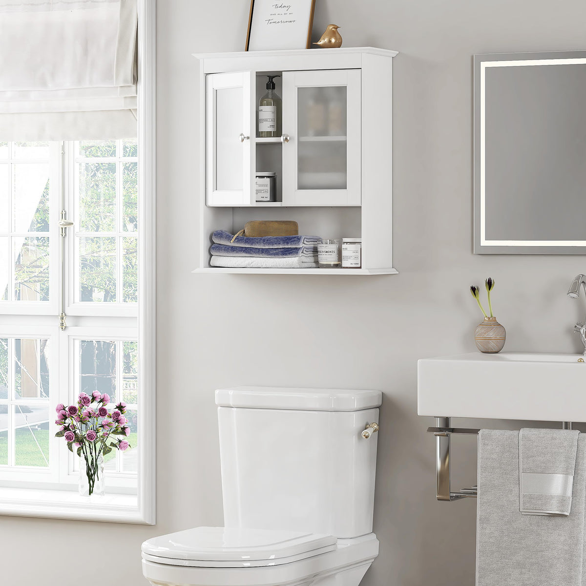 White Bathroom Wall Cabinet with Glass Doors B34372