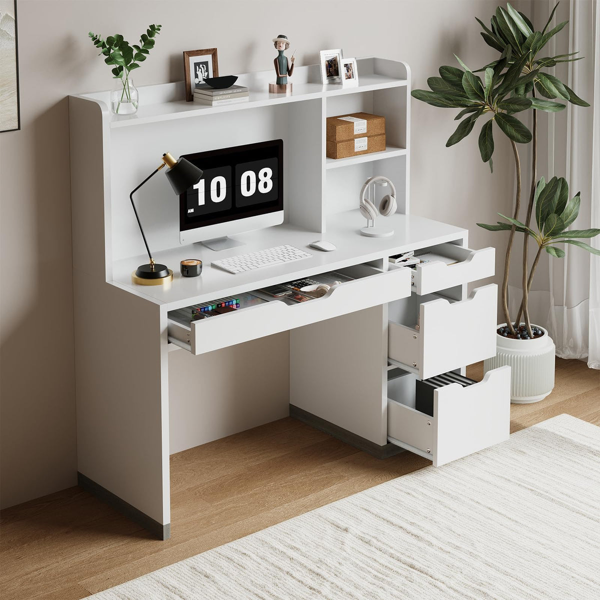 White Desk with Hutch and 4 Drawers E3599