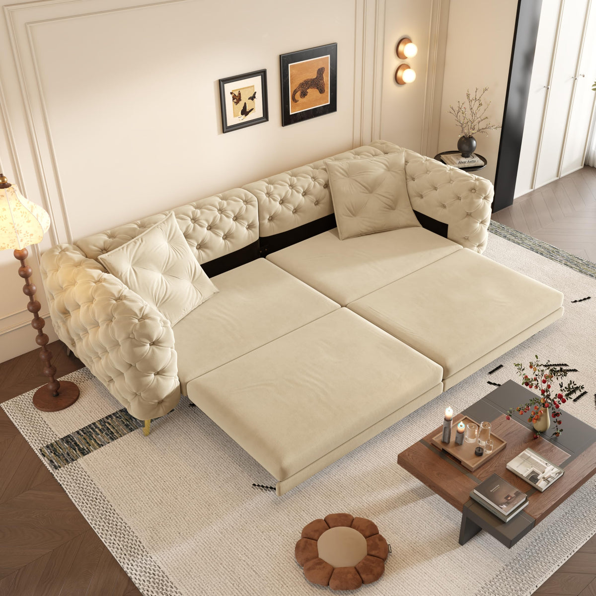 Velvet 3-in-1 Convertible Sleeper Sofa with Movable Ottoman W62244