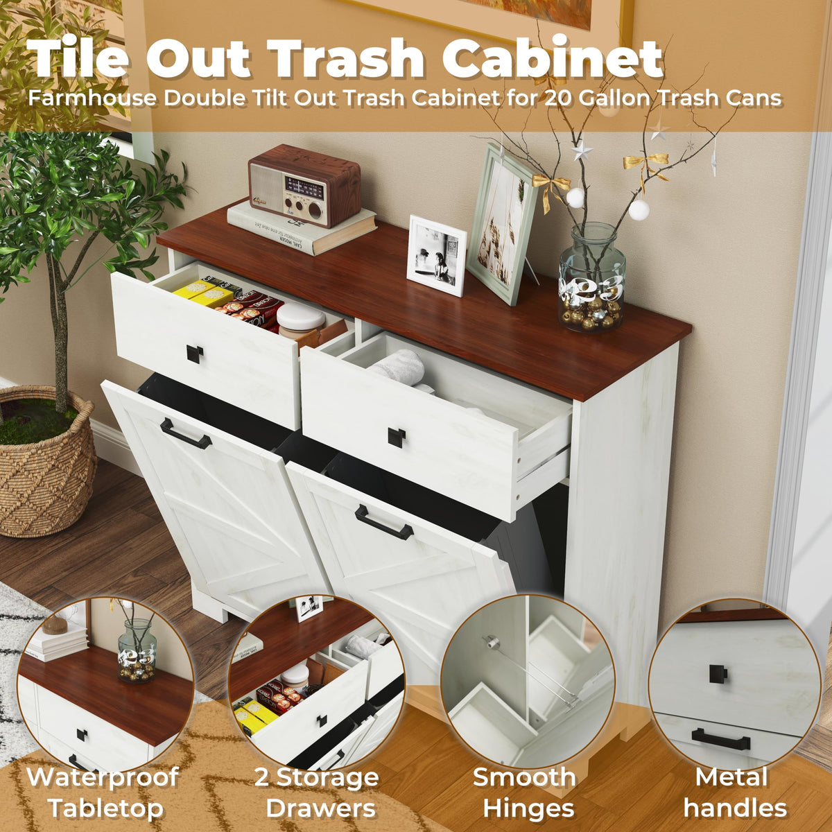 White 20 Gallon Tilt Out Trash Cabinet E5834