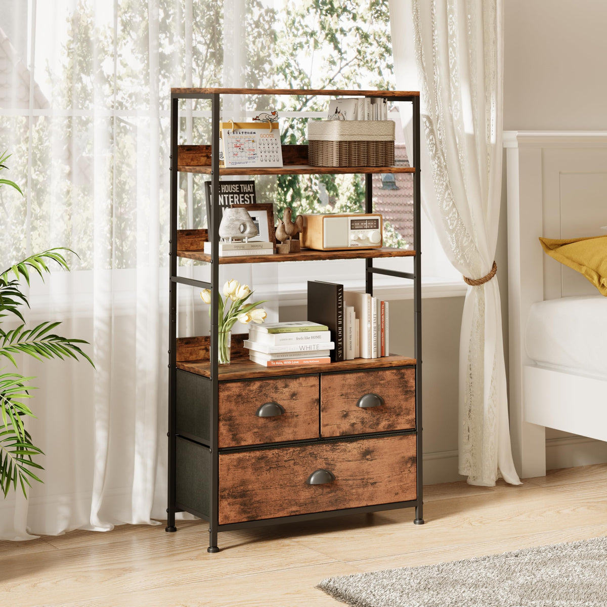 47-Inch 6 Tier Wood and Metal Bookshelf with 3 Fabric Drawers Y147427