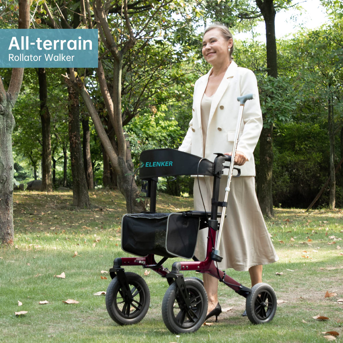 All-Terrain Rollator Walker with 12” Front Wheels, Compact Folding, Red F999